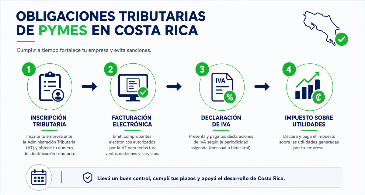 Infografía con el flujo de obligaciones tributarias de PYMES en Costa Rica: inscripción, facturación electrónica, IVA e impuesto sobre utilidades.